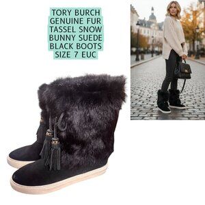 TORY BURCH GENUINE FUR SNOW BUNNY TASSEL SUEDE BLACK BOOTS SIZE 7 EUC